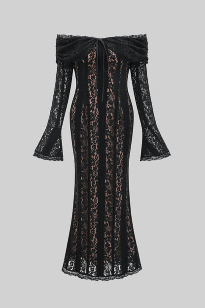Lace Gown With Romantic Off-Shoulder Silhouette - Black