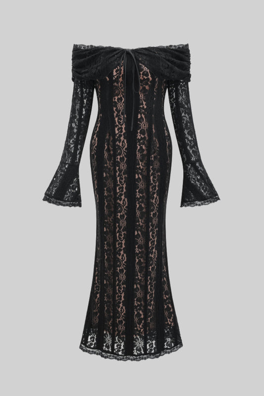 Lace Gown With Romantic Off-Shoulder Silhouette - Black