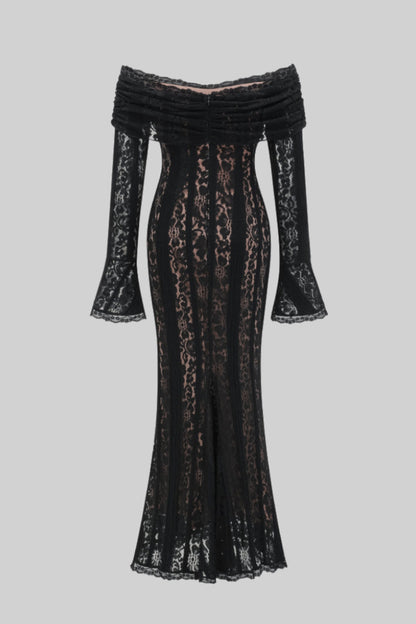 Lace Gown With Romantic Off-Shoulder Silhouette - Black