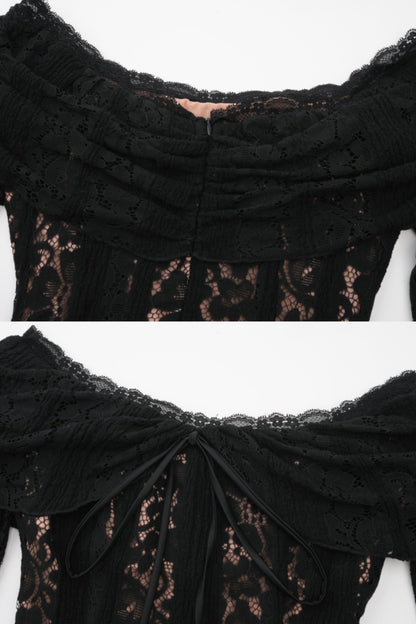 Lace Gown With Romantic Off-Shoulder Silhouette - Black