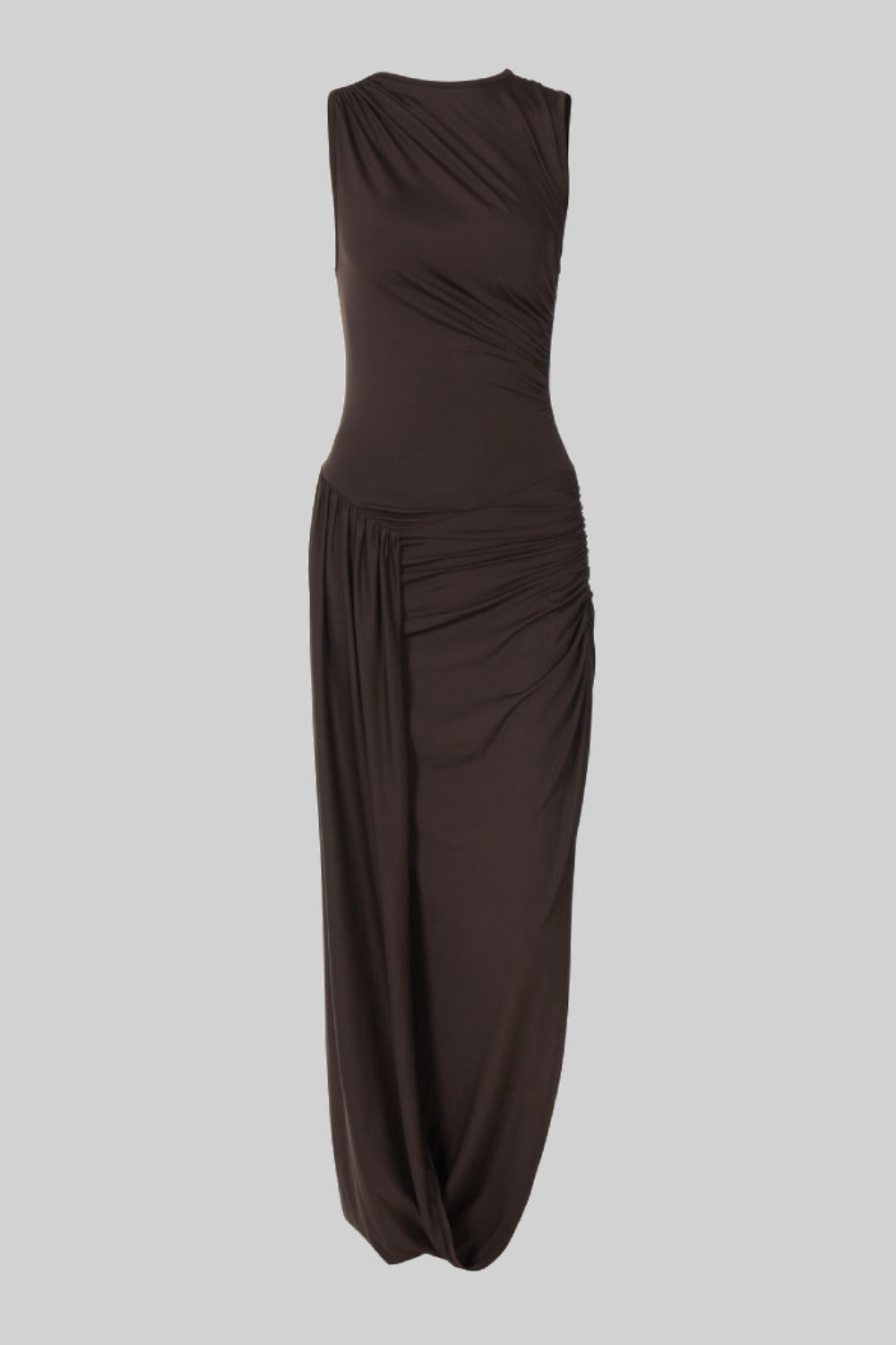 Draped Maxi Dress with Pleated Waist and Side-Slit - Brown