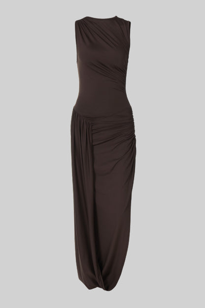 Draped Maxi Dress with Pleated Waist and Side-Slit - Brown
