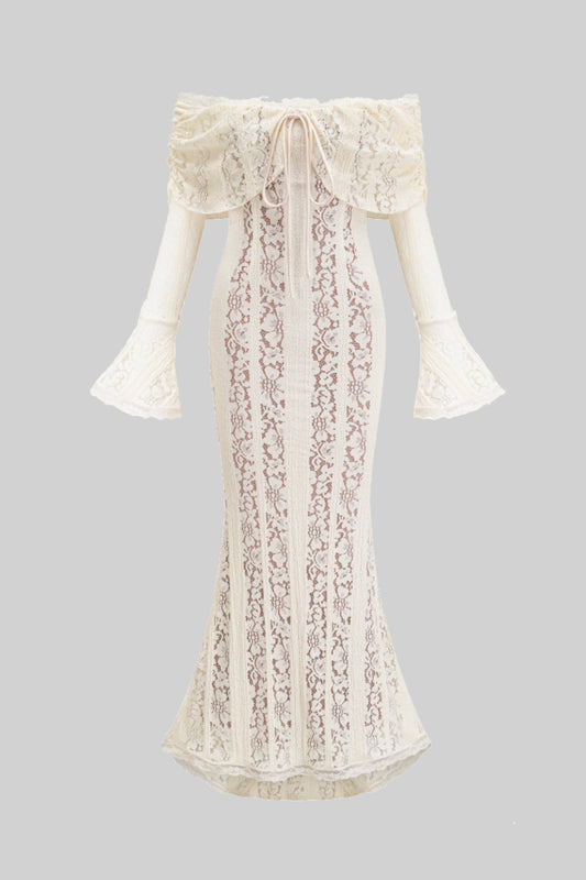 Lace Gown With Romantic Off-Shoulder Silhouette - White