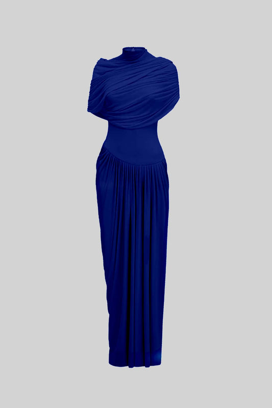Asymmetrical Pleated Maxi Dress with Ruched Detailing and Draping Skirt - Dark Blue