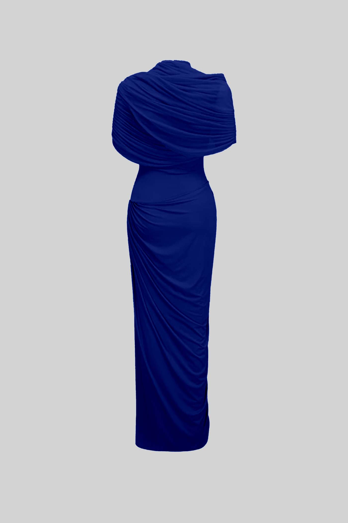Asymmetrical Pleated Maxi Dress with Ruched Detailing and Draping Skirt - Dark Blue
