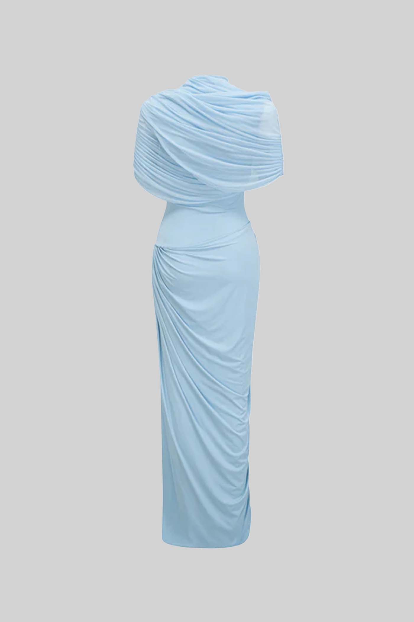 Asymmetrical Pleated Maxi Dress with Ruched Detailing and Draping Skirt - Baby Blue