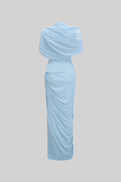 Asymmetrical Pleated Maxi Dress with Ruched Detailing and Draping Skirt - Baby Blue