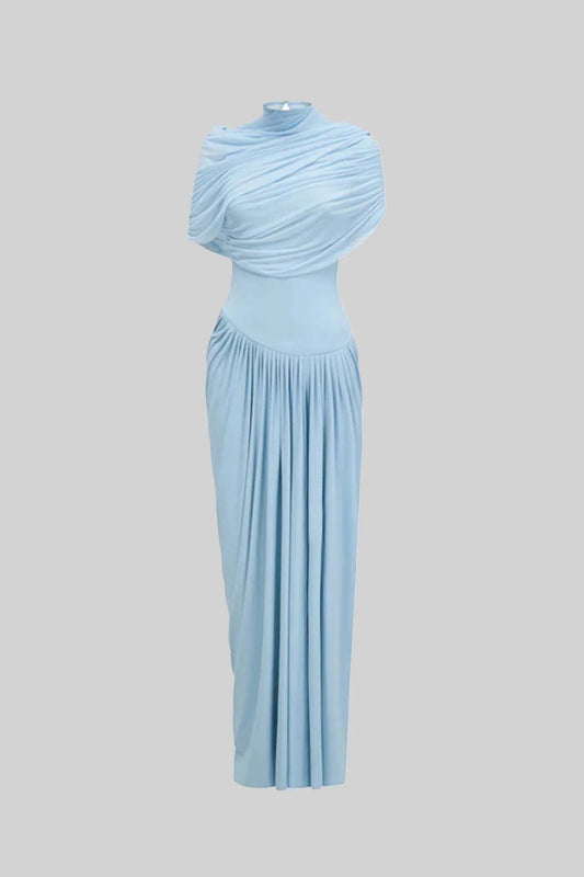 Asymmetrical Pleated Maxi Dress with Ruched Detailing and Draping Skirt - Baby Blue